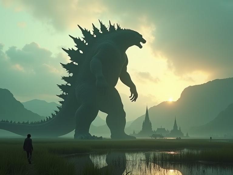 A giant Godzilla towering over a grassy landscape during sunset. A small village lies in the foreground. People are in wooden boats on reflective water. Stone temples are scattered in the landscape with mountains in the background. Clouds fill the sky creating an atmospheric effect.