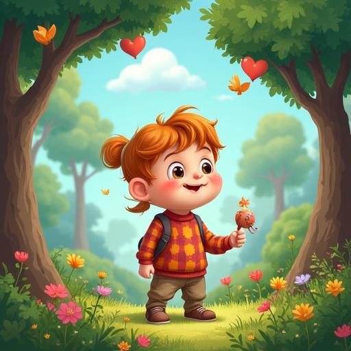 A happy child stands in a colorful nature scene. The child holds an ice cream while surrounded by flowers and trees. The scene is whimsical and bright with cartoonish style.