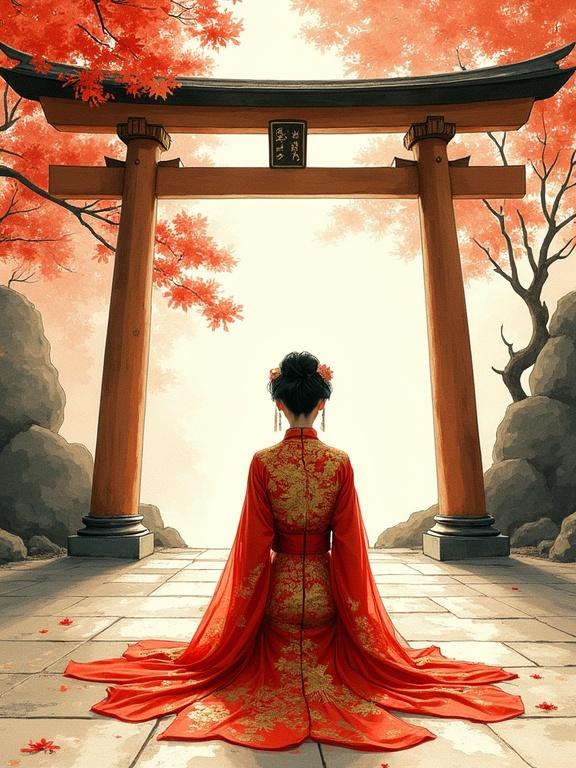 In the style of intricate linework with expressive contrasts. Magnificent inksplash image of a stunning Japanese woman. She wears a gold and red cheongsam and sits in front of a torii gate. The setting includes dappled sunlight filtering through trees. The scene is filled with autumn leaves.