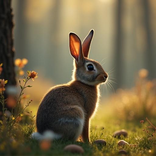 Rabbit looking back toward the forest. Rabbit has thoughtful expression. Backdrop shows forest with soft lighting.