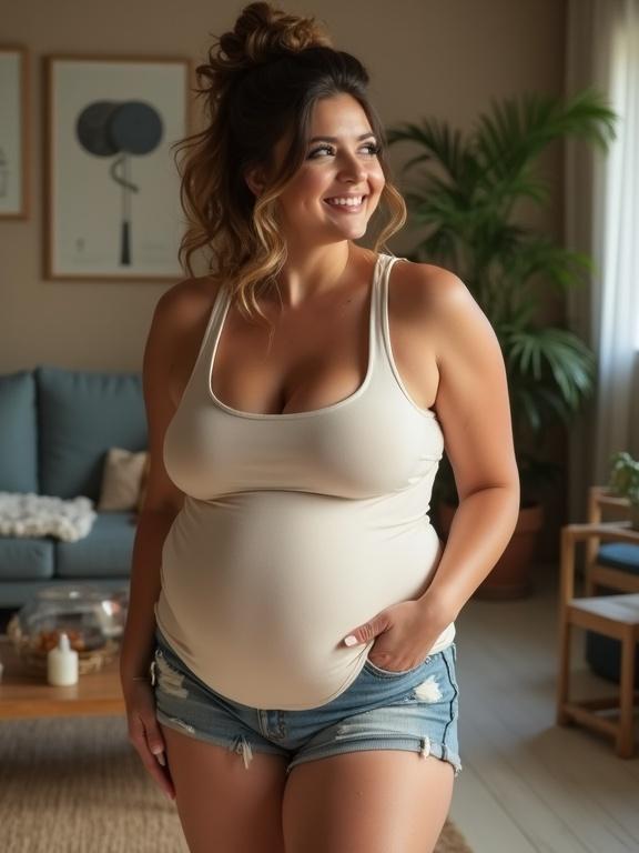 Pregnant woman standing confidently in living room. She wears a sleeveless beige tank top and denim shorts. Smile hints at a flirty demeanor. The setting includes a cozy living room with a blue couch and plants.