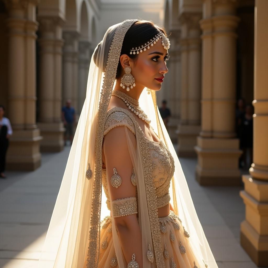 The image features a stunning Indian bride dressed in a beige and cream lehenga adorned with intricate stone work. She stands gracefully in a beautiful architectural setting, showcasing the elegance of her attire. The warm, soft lighting enhances her features and the richness of her outfit. Her jewelry sparkles, complementing the overall look. This visual captures the essence of Indian bridal fashion, highlighting tradition and beauty.