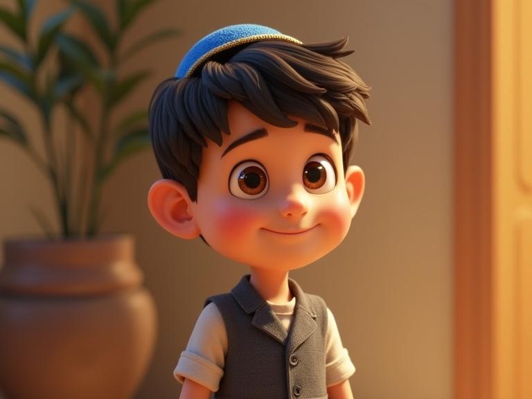Pixar style illustration of a Jewish boy wearing a kippah. The boy is smiling and appears cheerful. Background features soft colors and natural elements.