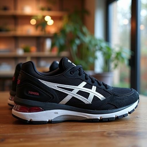 Graphic of Asics Gel 1130 sneakers in black and silver on a home table with a colorful and dynamic background