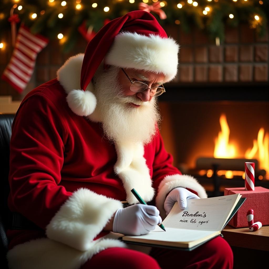 Santa Claus in red suit writes in nice list. Cozy fireplace and festive decorations in the background. Focus on Santa's actions with warm lighting.