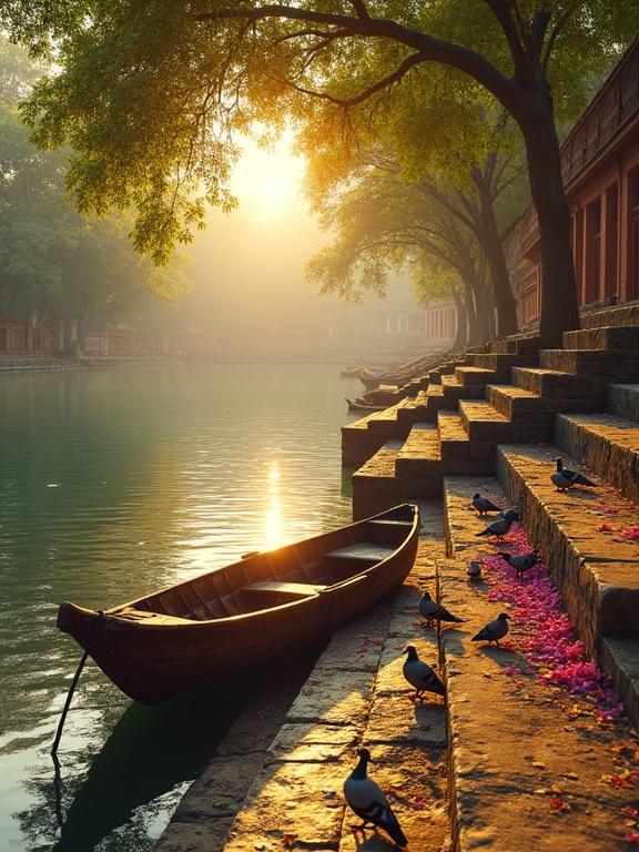 A hyper-realistic riverside scene at sunrise in India. Golden sunlight flows through green trees. Clear river reflects warm light. A small wooden boat is near ancient stone ghats. Pigeons are on the steps and pecking at flower petals. The stone steps show texture and age. Traditional buildings with red sandstone line the riverbank. The scene feels peaceful and timeless.
