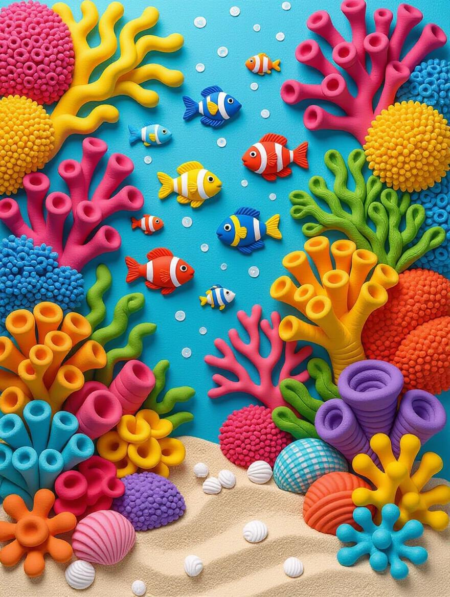 Vibrant clay art of ocean coral reef. Colorful polymer clay and playdough used. Coral formations display intricate textural details. Tropical fish swim among corals. Sea anemones show natural movement. Sandy ocean floor with shells and pebbles. Includes clay seahorses and starfish. Dimensional texture highlighted by blue lighting.