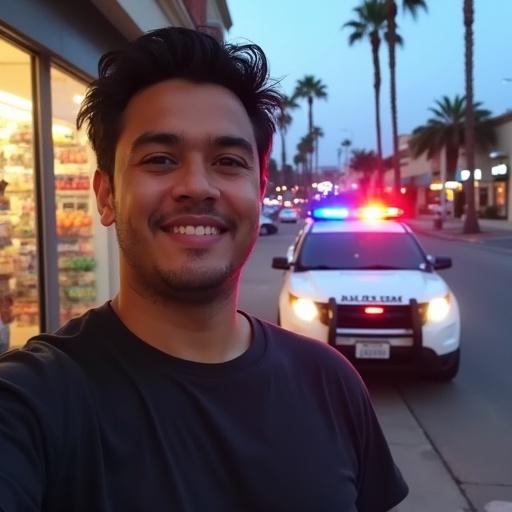 A selfie taken with an iPhone in Los Angeles with a person smiling in front of an LAPD car with flashing lights at dusk. The image is slightly blurred and overexposed. The person seems to be casually posing. The setting includes palm trees and a store in the background.