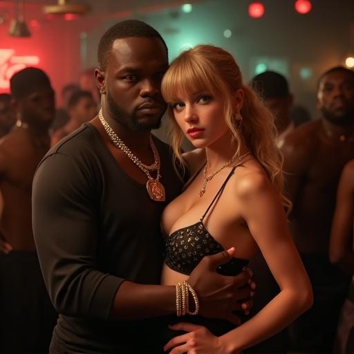 Nightclub scene featuring a couple. Woman has blonde bangs with long twintails. Man is an older rapper. Woman wears a bikini top with a miniskirt. Jewelry includes a black spade pendant. Woman wears high heels. They are very close. Clapper board in the corner mentions 'Bitch Hardcore Training - Taylors Version'. Woman looks at the viewer with flushed cheeks. Crowd of men surrounding them. Full body shot is taken. Screen shows recording status.