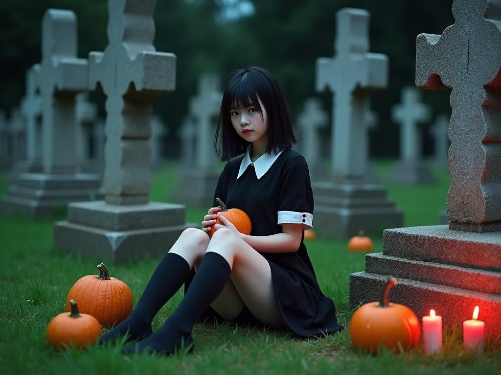 This photograph features a young Japanese woman seated in a cemetery at night. She has a pale complexion and dark hair, styled in a bob, wearing a black dress with a white collar. Surrounding her are several large, grey stone crosses, creating a haunting atmosphere. In her lap, she holds a small pumpkin, with more scattered on the grass. Flickering red candles add warmth to the scene, contrasting the eerie setting. The photograph captures a perfect blend of gothic and Halloween themes, creating a visually striking composition.