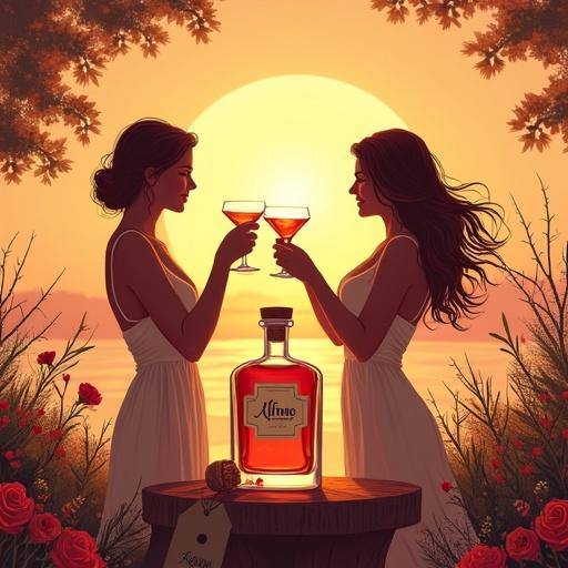Illustration of two women enjoying cocktails in a garden at sunset. They wear light, short dresses. A bottle labeled 'ALFRUNO' is on rustic wood. Roses and herbs surround them. Scene exudes luxury and indulgence.