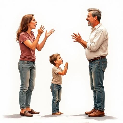 Realistic watercolor illustration showing three characters with silly expressions. Full body view of an adult woman, a child, and an older man. Characters are gesticulating and interacting in a funny and tragic manner. White background ensures focus on the characters. Drawing style similar to Robert McGuinness and Norman Rockwell.