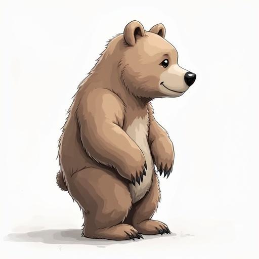 Bear drawn in a full body side view. Bear appears cute with a friendly expression. The bear has a round body and is standing upright. The bear is cartoon-styled with soft lines and colors.