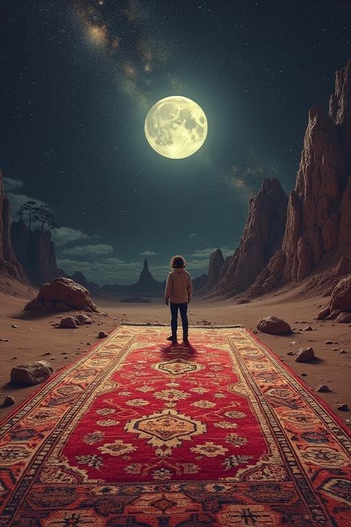 Surreal landscape with a child standing on a red carpet in a desert under a bright full moon. Rocky terrain and starry sky combined for a dreamlike atmosphere.