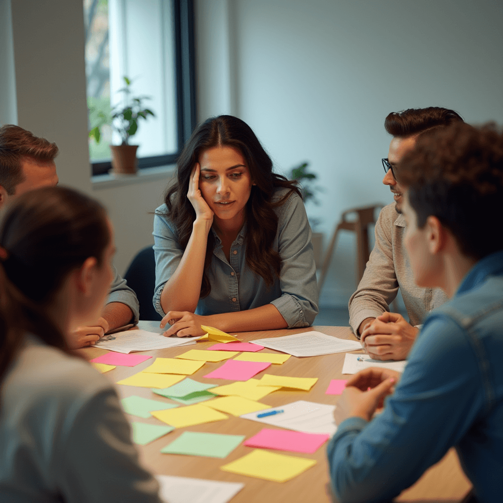 A group of young professionals engaged in a brainstorming session surrounded by colorful sticky notes on a table.