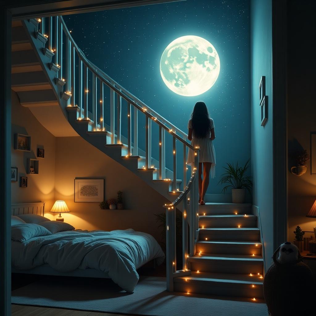 A beautifully crafted image depicts a woman walking up a staircase that begins in a serene bedroom. The staircase is adorned with twinkling lights, guiding her ascent. At the top of the stairs, a majestic full moon illuminates the scene. The bedroom exudes a warm and inviting atmosphere, complemented by bedside lamps. This surreal moment captures a dreamlike journey towards the moon, evoking feelings of wonder and aspiration.