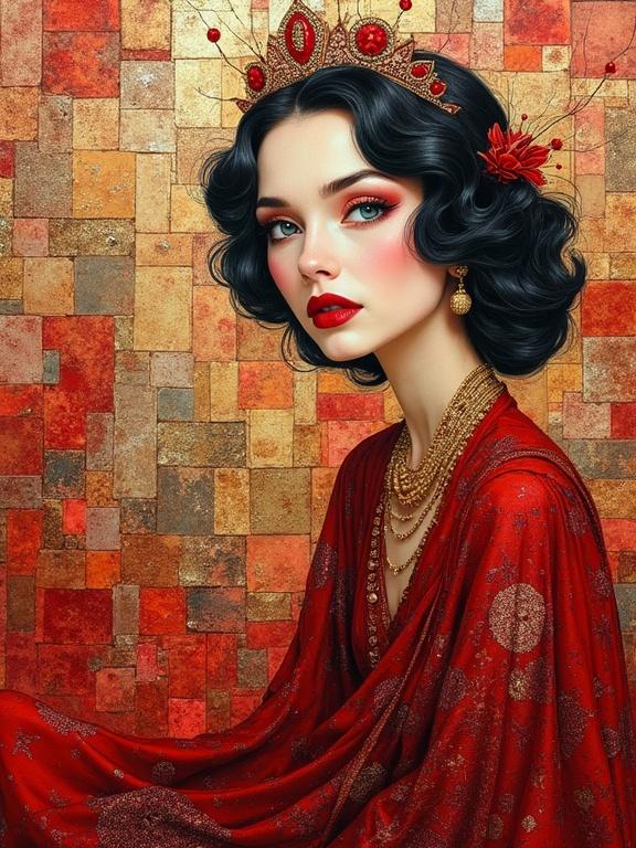 Woman adorned in a deep red gown. Golden jewelry embellishes the attire. Background features a mosaic of tiles in vibrant shades. Art Deco and surrealism inspired elements blend. Mixing watercolor, alcohol inks, and metallics. Sparkling textures give a whimsical impression.