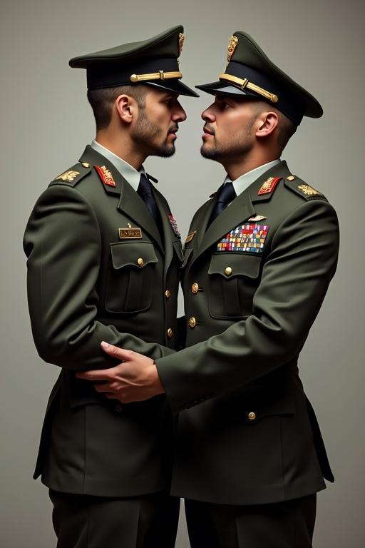 Two male soldiers in army ASU dress uniforms facing each other and hugging.