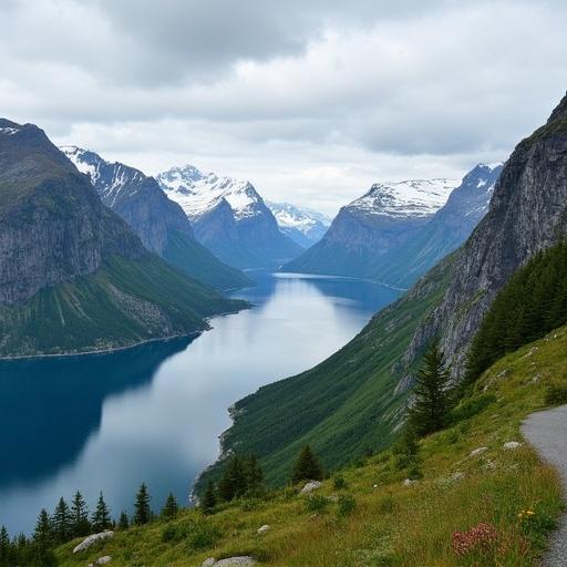 Stunning Geiranger landscape in Norway featuring mountains and a reflective waterway. Lush greens and rocky cliffs meet the tranquil blue water under a bright sky.