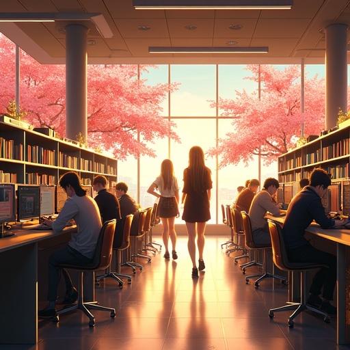 Anime scene set in a futuristic high school library during summer. Morning light shines through large windows filled with cherry blossoms. Students study in a modern, luxurious environment.