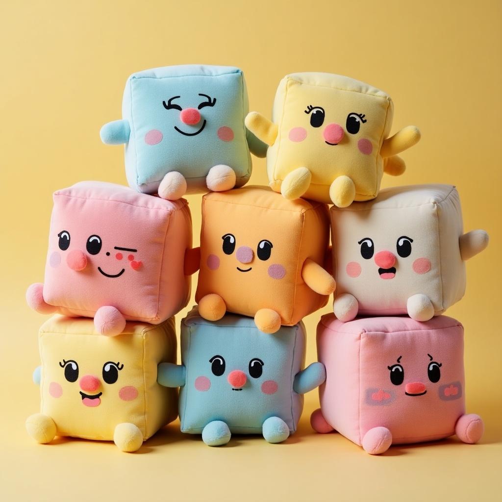 Stack of colorful plush toys resembling adorable characters. Each plush has a happy face and is in pastel colors. Arrangement creates a playful and inviting look.