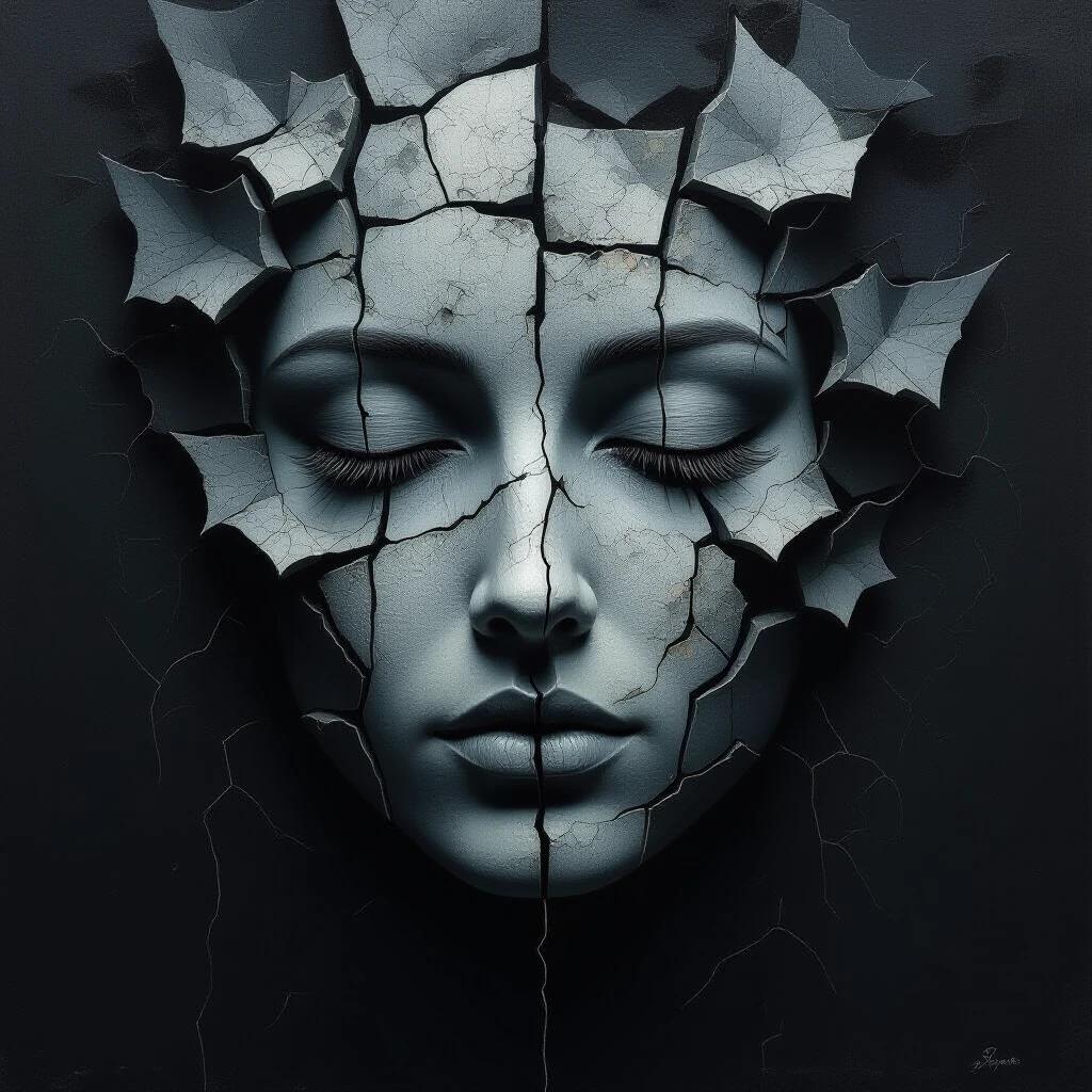 Artwork shows fragmented dark representation of a face. Textured style with cracked segments and weathered appearance. Expression serene and haunting. Shadowy background with intricate patterns. Mood evokes decay and memory.