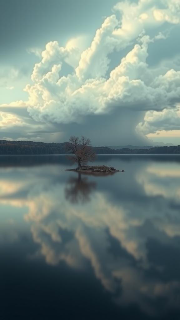 A lone tree on a small island reflected in calm water beneath dramatic, towering clouds.