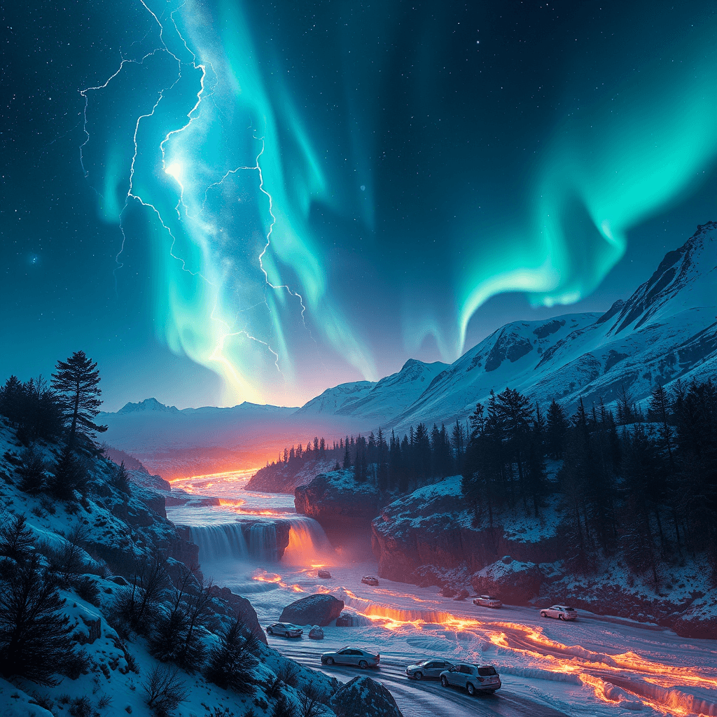 An ethereal scene combines glowing auroras with a fiery, lava-like river cascading through a snowy mountain landscape.