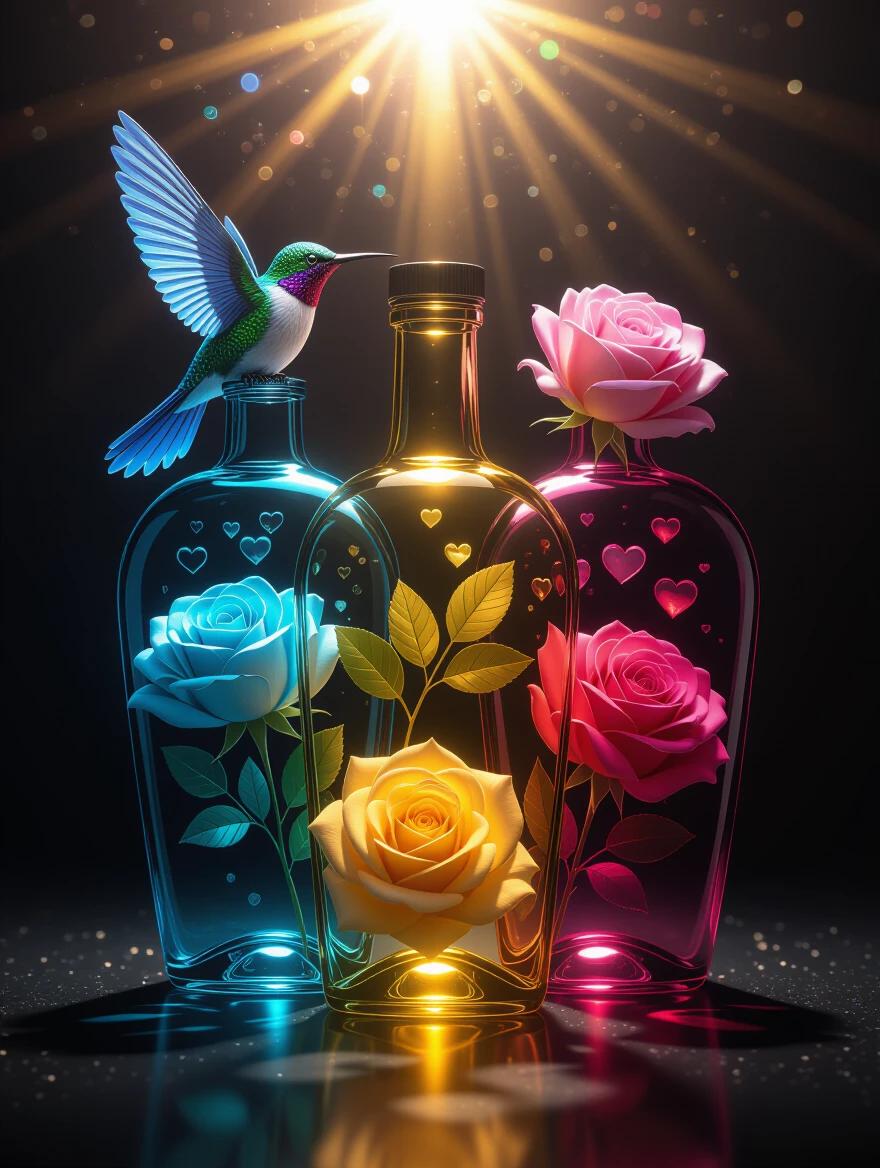 Colorful heart-shaped bottles with roses inside. Each bottle features different colors. A hummingbird perches on one bottle. Dark background enhances shapes. A halo of light illuminates the scene.