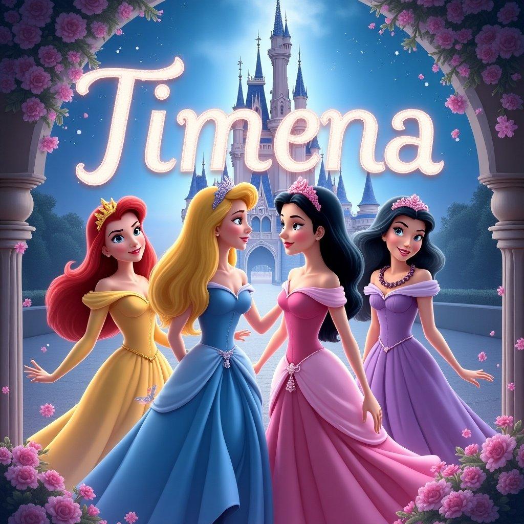 Scene features Disney Princesses in a magical environment. Background includes Disney Castle with glitters and sparkles. Decorative text positioned above reads 'Timena'.