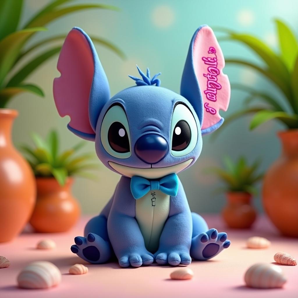 A cute character resembling Stitch from Disney. The character is blue with large ears and a bow tie. Placed in a colorful setting with plants and shells. Soft lighting gives a warm look.