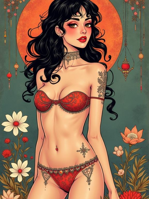Detailed illustration of a woman in a red bikini with tattoos surrounded by flowers and vibrant colors. The artwork combines styles from notable artists.