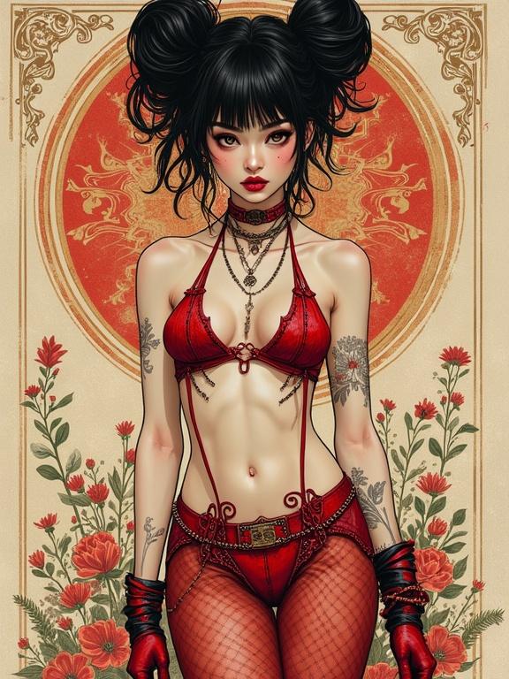 Female character in a red outfit with tattoos and accessories in a vintage style. Background features floral motifs and ornate patterns inspired by various art styles.