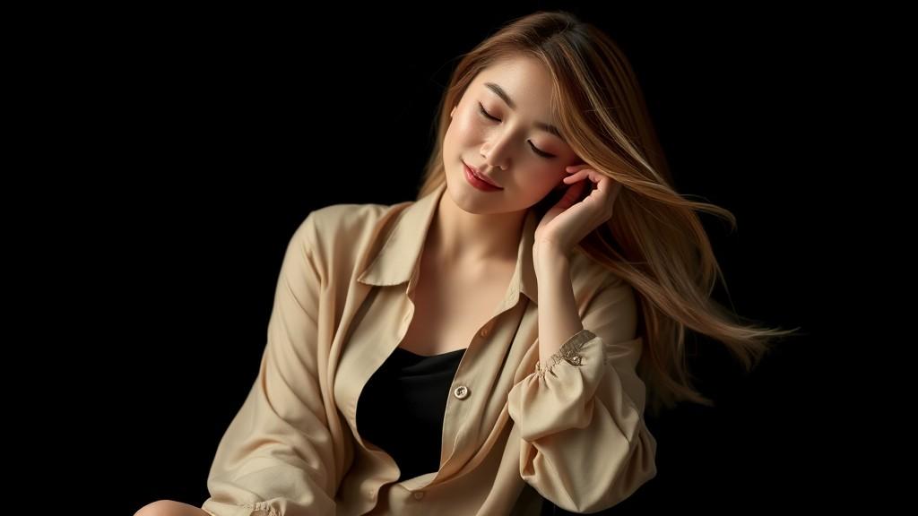 A woman in a beige blouse gently touching her hair against a black background.