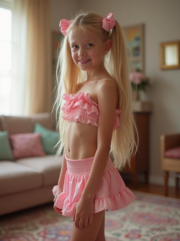 Young girl with long blonde hair in twin tails and pink bows. She wears a frill crop top and a very short skirt in a living room. She smiles and stands on a colorful rug.