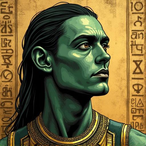 Bold ink outlines and a man with ash-green skin. Soft warm lighting enhances the artwork. Dramatic shadows and cinematic composition are highlighted. Detailed textures create realistic art style. Background features ancient papyrus with mystical runes. Realistic art style by Alberto Mielgo with detailed textures.