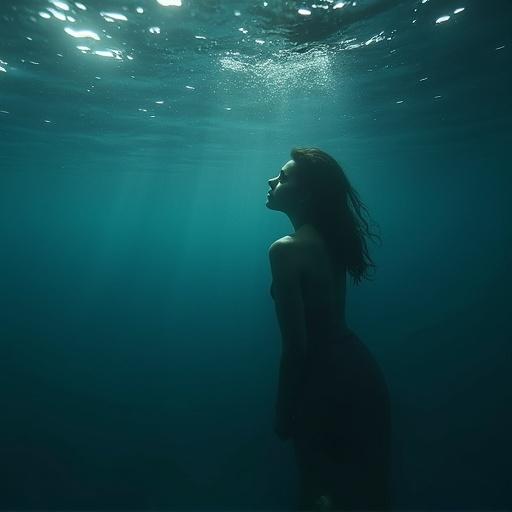 A person submerged in deep ocean stillness glowing softly.