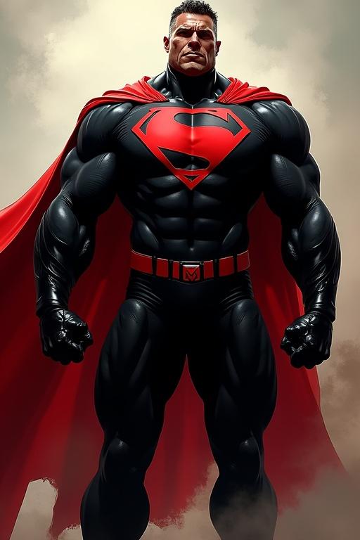 Superhero named Super Militant characterized by enormous muscles and a powerful physique. Wears a sleek black suit with M symbol. Has a flowing bright red cape.