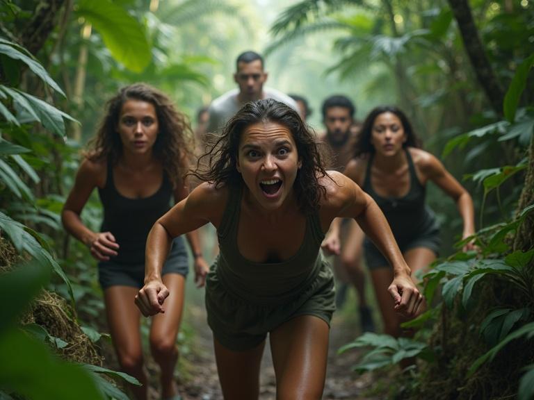 Seven adults sprinting frantically through a dense tropical jungle. Faces show fear and urgency. Climbing through foliage and vines. The jungle is lush and shadowy. Dappled sunlight filters through. Clothes are wrinkled and slightly torn. Cinematic lighting captures intensity and movement.