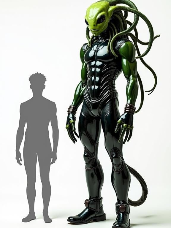 Photorealistic full body portrait of humanoid alien. Face is masculine and handsome. Skin is viridian and slimy. Black eyes. Tentacles from scalp resemble dreadlocks. Alien is tall at 7'3". Wearing shiny black latex suit with armor. Muscular but lean build. Hands have tree frog-like fingers. Legs resemble amphibians. Include outline of 5'9" human for scale.