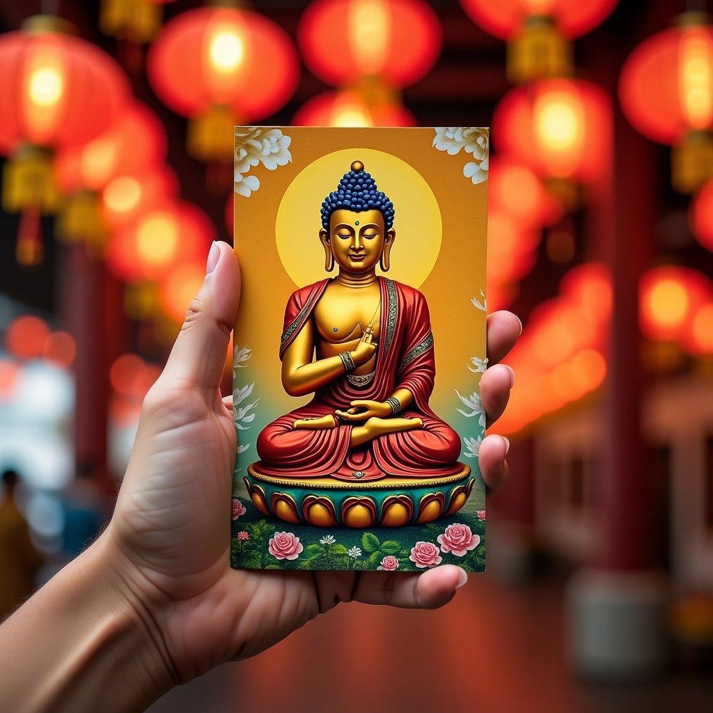 A card features Buddha holding against hanging lanterns. The setting is colorful and festive. The Buddha is in a meditative pose.