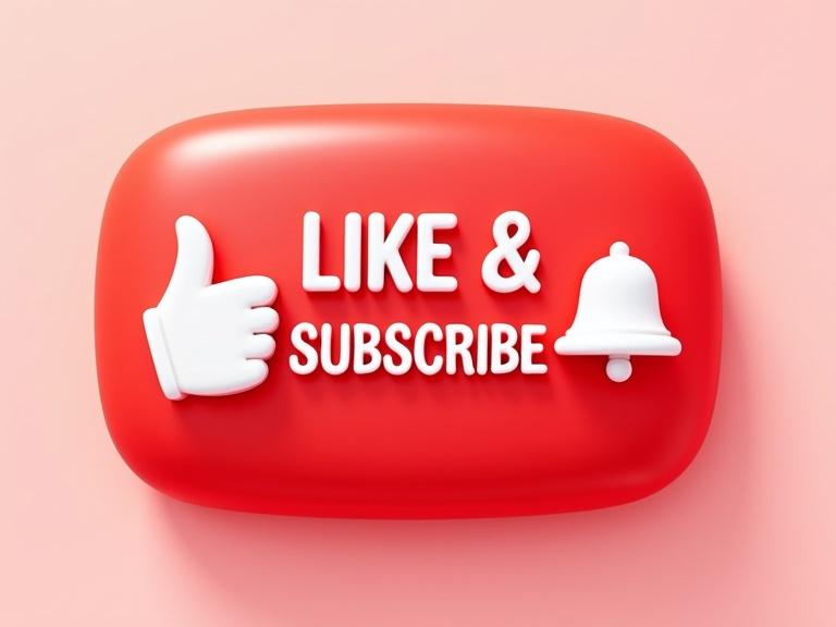 Glossy 3D YouTube subscribe button with thumbs-up and bell icons. Red rounded button with bold white text. Charming and playful design for media overlays.