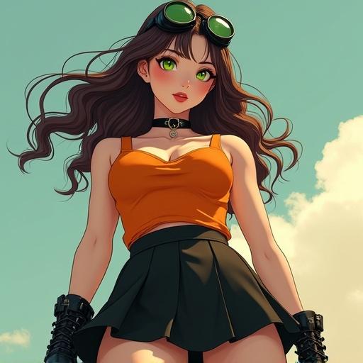 A beautiful woman with brown and black hair and green eyes. She wears an orange camisole and a black pleated skirt. Thigh-high socks and black combat boots are on her legs. A black choker and steampunk goggles are on her head. The artwork features a low angle perspective and realistic details.