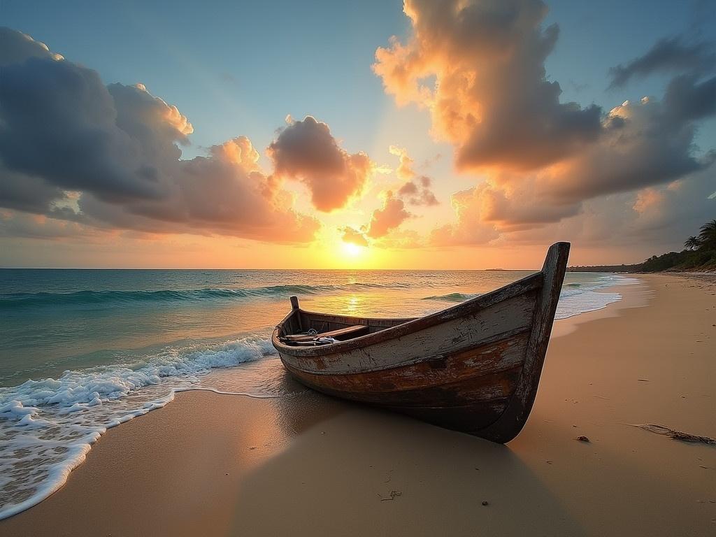 An old fisherman's boat is resting on the sandy beach. The scene is a stunning panorama, capturing the vastness of the ocean and the colorful sky. The sun is setting, casting warm hues of orange and yellow across the clouds and water. Gentle waves are lapping at the shore, creating a peaceful atmosphere. The boat, weathered but sturdy, tells stories of countless fishing adventures. The sand is smooth and untouched in the foreground, enhancing the tranquility of the scene.