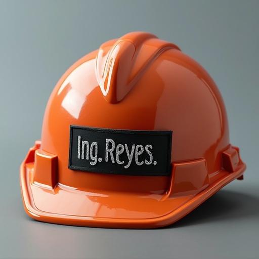 Image of an engineer's helmet. The helmet is orange with a name tag that says 'Ing. Reyes'.