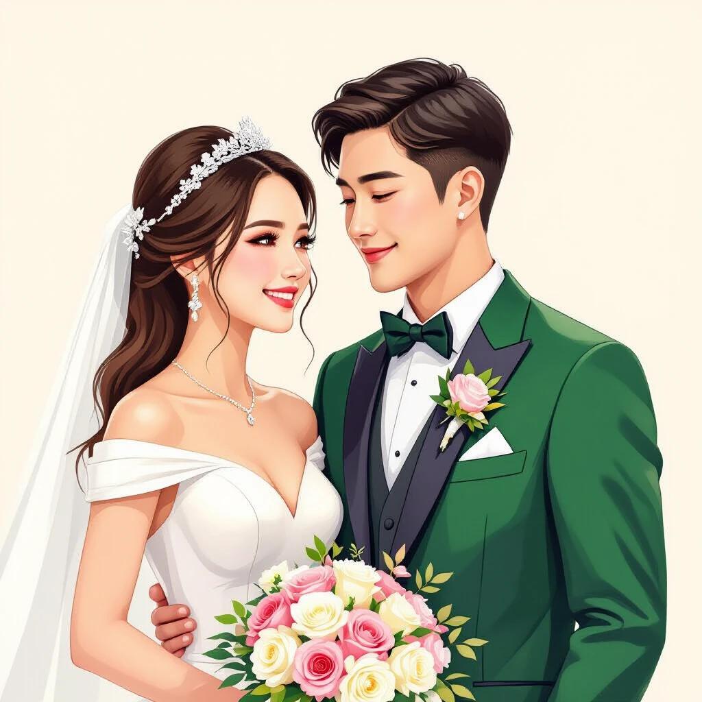 Illustration style wedding scene showcasing a bride and groom in a close moment. Bride in white wedding dress with veil adorned with earrings and hairpiece appears elegant. Groom in deep green suit with a pink flower on the chest appears formal and romantic. Both smiling and gazing at each other displaying happiness and sweetness. Soft light background with floral and green leaves creating a warm romantic atmosphere. Soft colors and details evoke a warm and joyful feeling.