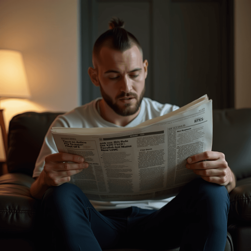 A man with a modern hairstyle is intently reading a newspaper in the cozy light of a living room.