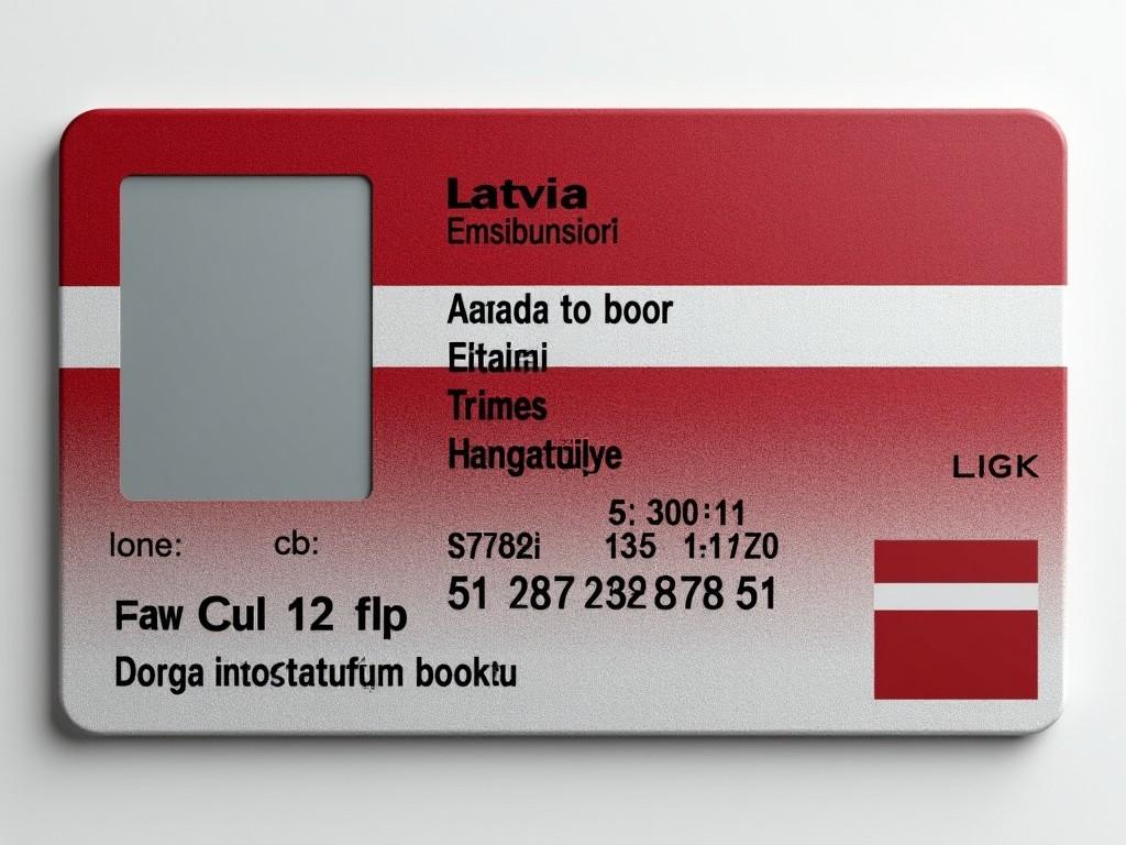 This image presents a realistic representation of a Latvian ID card. The card features the colors of the Latvian flag, predominantly red and white. It includes various fields for personal information, including a space for a photo, a unique identification number, and other relevant details. The design mimics official ID cards used in Latvia, making it suitable for illustrative purposes. The sleek, modern layout emphasizes clarity and functionality.