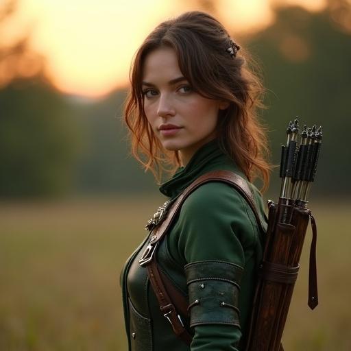 20-year-old female scout standing gracefully in a medieval fantasy training ground at dusk. Smooth porcelain-like skin with a gentle glow. Medium-length layered chestnut brown hair with subtle green highlights. Fitted dark green leather armor with silver accents. Translucent fabric on sleeves and collar. Shortbow rests on her back. Pouch of traps at her side. Expression blends warmth and focus. Soft golden dusk light highlights her presence.