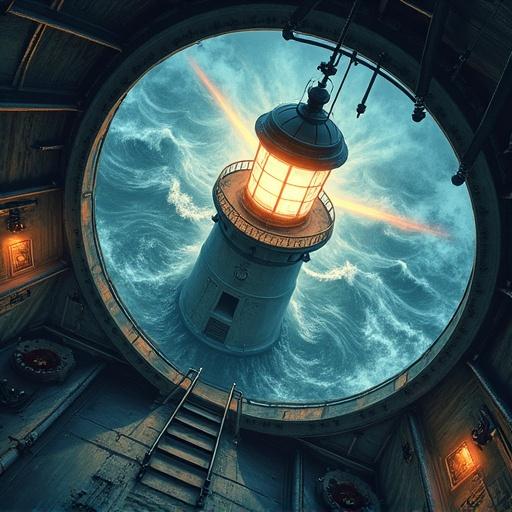View from ceiling of lantern room. Downward look at rotating lighthouse lamp. Bright light arcs into raging storm. Wind shakes glass dome. Reflections on wet floor and panels. Partially visible spiral staircase. Watercolor art style with deep shadows and illuminated details.